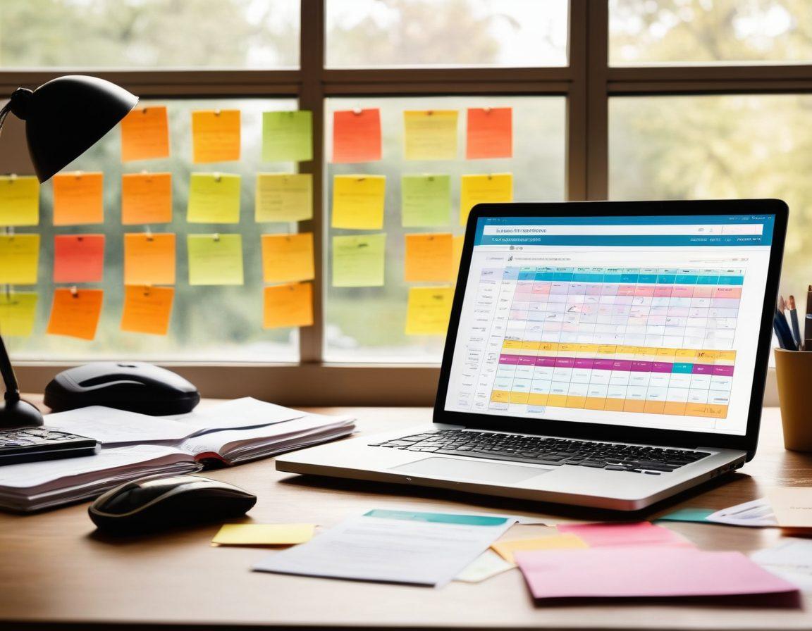 A person sitting at a desk surrounded by various auto insurance documents, a laptop open with a comparison chart displayed, colorful post-it notes scattered around, and a calendar marked with important dates. Add a soft glow from a desk lamp illuminating the scene, with a window showing a sunny day outside. super-realistic. vibrant colors. minimalistic background.