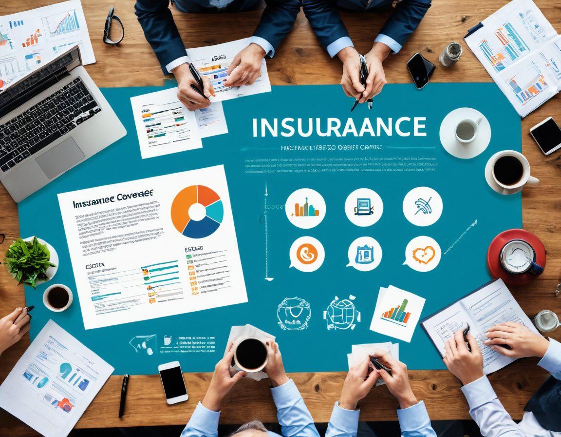 A visually engaging collage illustrating various insurance coverage types, featuring checklists, calculator, and infographics that showcase insights and tips. Incorporate elements like a magnifying glass highlighting important details, diverse people discussing around a table, and icons representing different coverage options. The background should be bright and inviting, symbolizing clarity and understanding. vibrant colors. super-realistic.